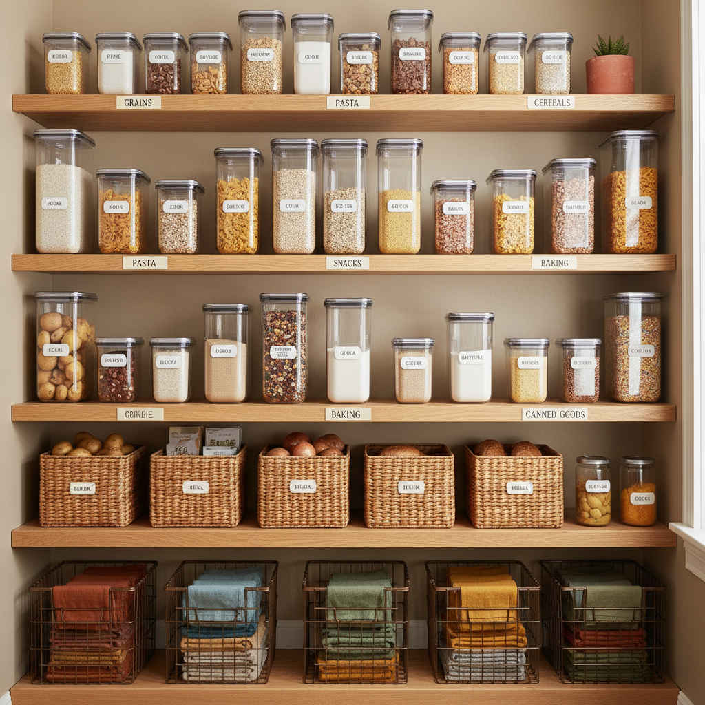 Beautifully organized pantry with labeled containers